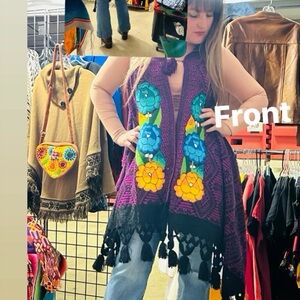 Colorful Floral Knit Vest with Tassels